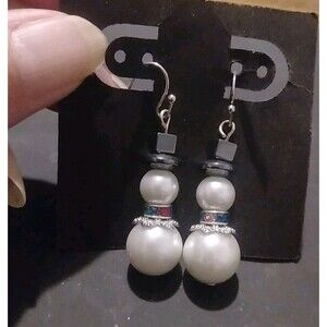Handmade White Glass Beaded Snowman Earrings With Rhinestone Red, Green,Blue